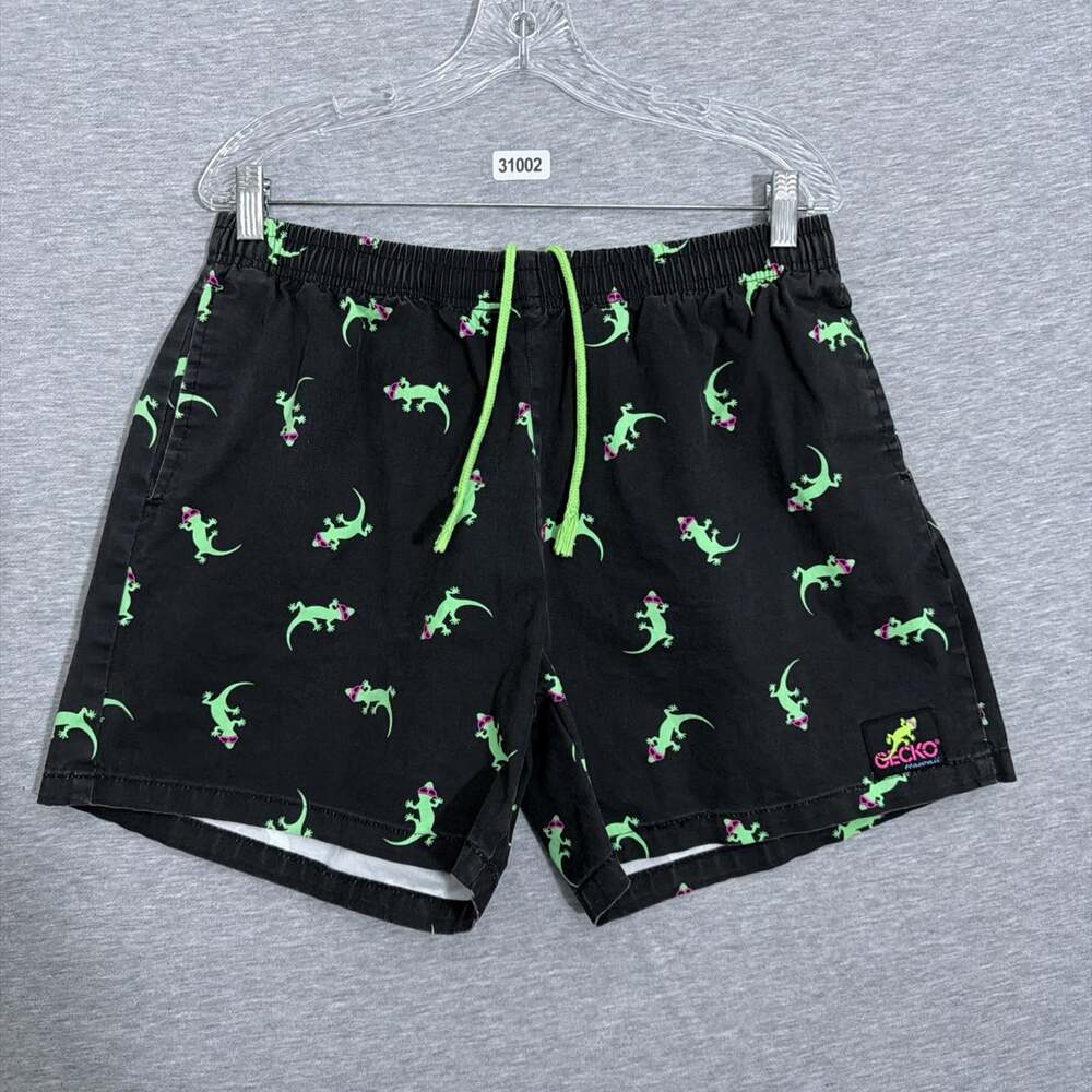 Gecko Hawaii Mens Size XL Black Neon Gecko Lizard Casual Beach Swim Shorts